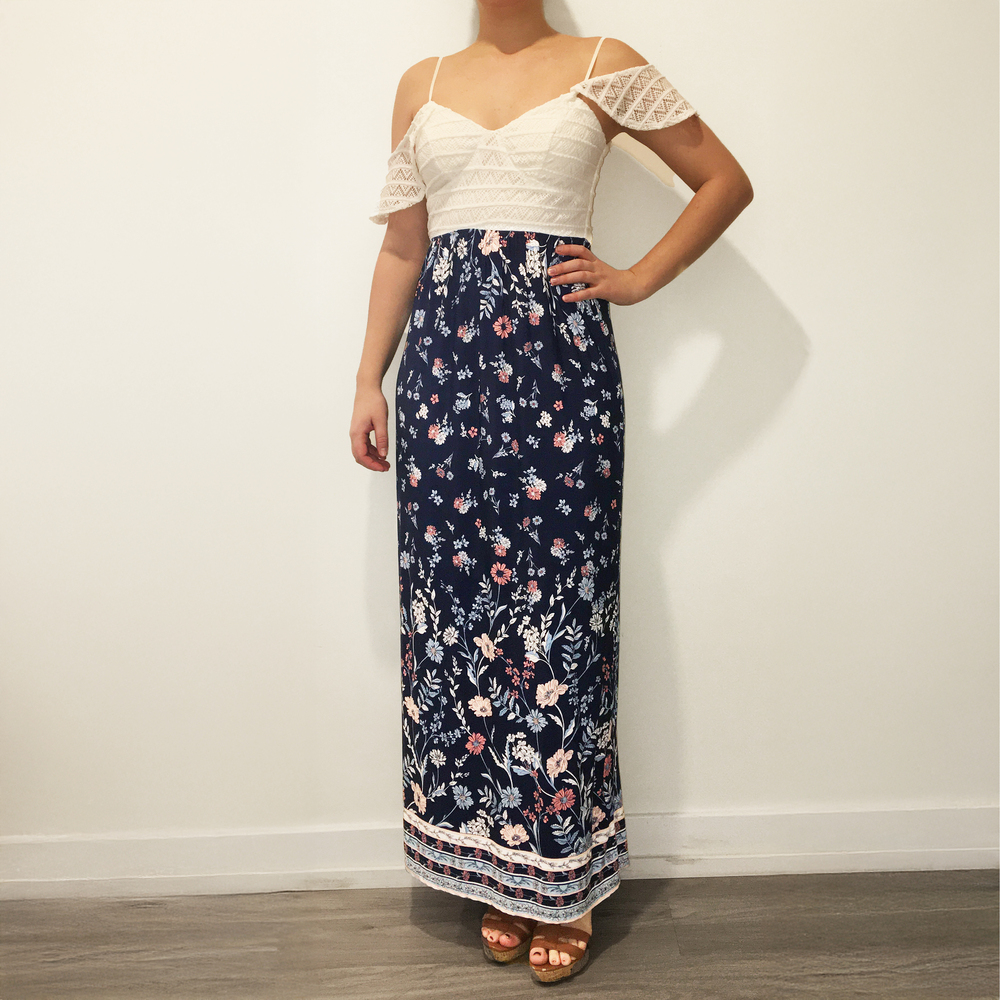 Trixxi Off Shoulder Lace & Floral Maxi Dress Blue White Women’s Size S Boho
